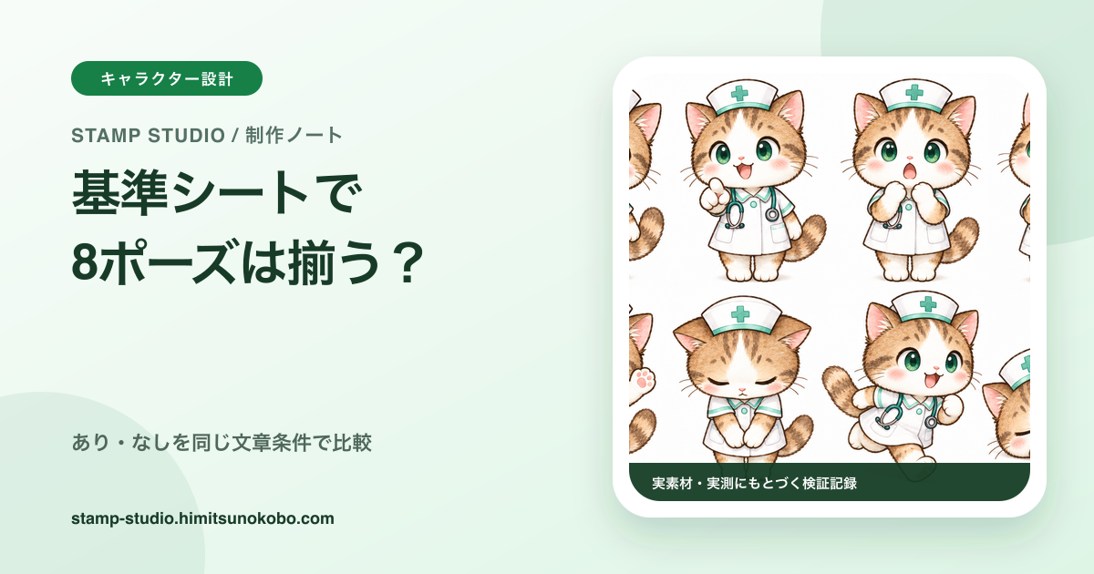 基準シートあり・なしで同じキャラクターの8ポーズを比較する記事のアイキャッチ
