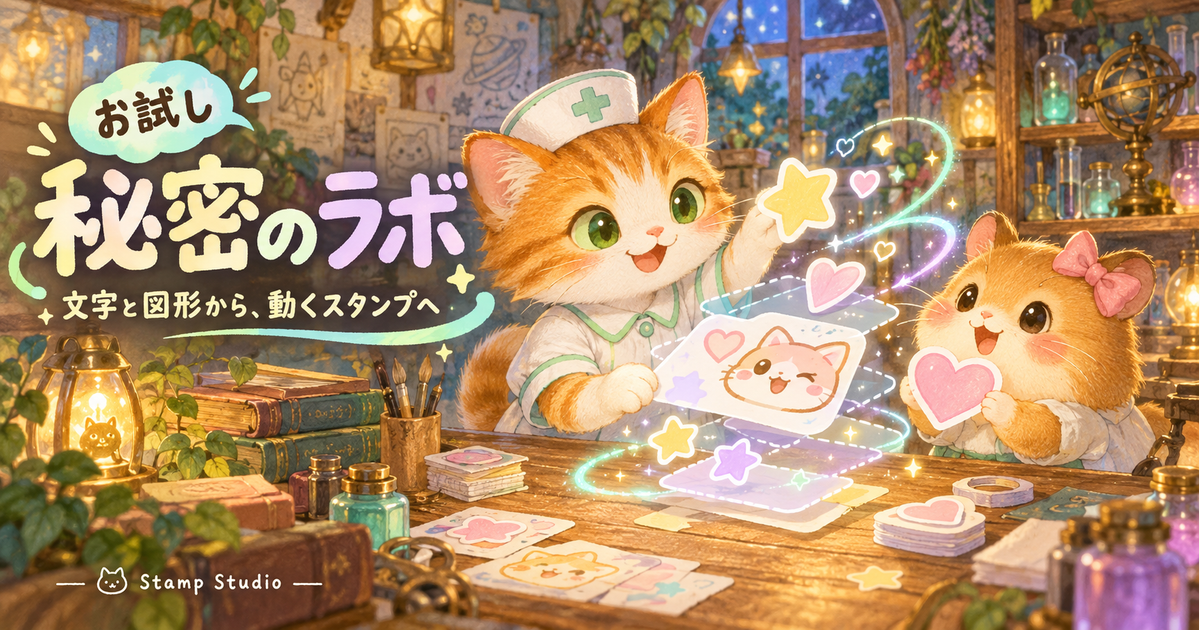 ねこナースとハム子が文字や図形を組み合わせて動くスタンプを研究する、秘密のラボのイメージイラスト