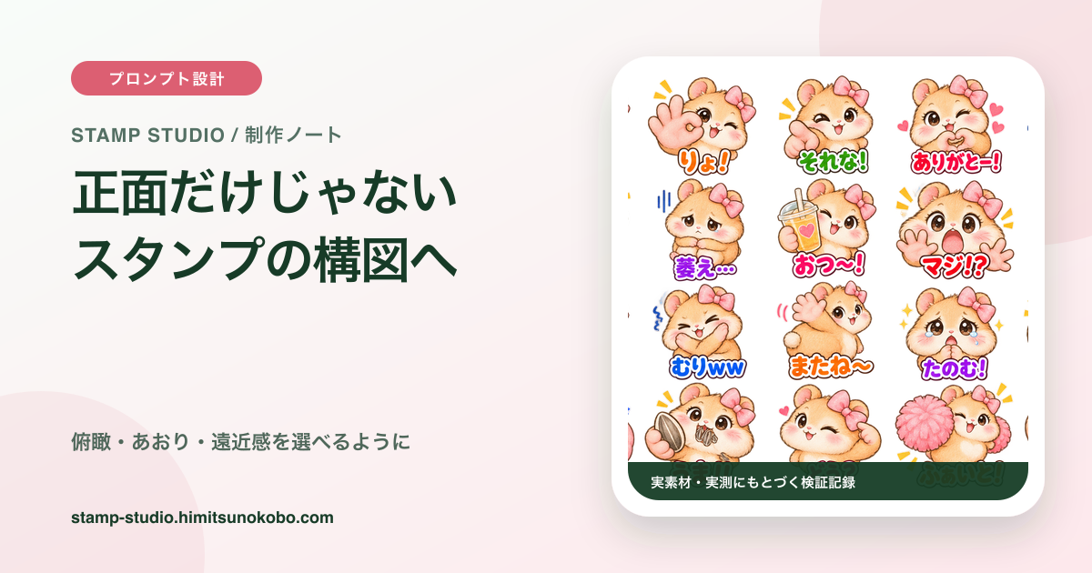 正面以外の構図を取り入れたハム子の静止スタンプを紹介する記事のアイキャッチ