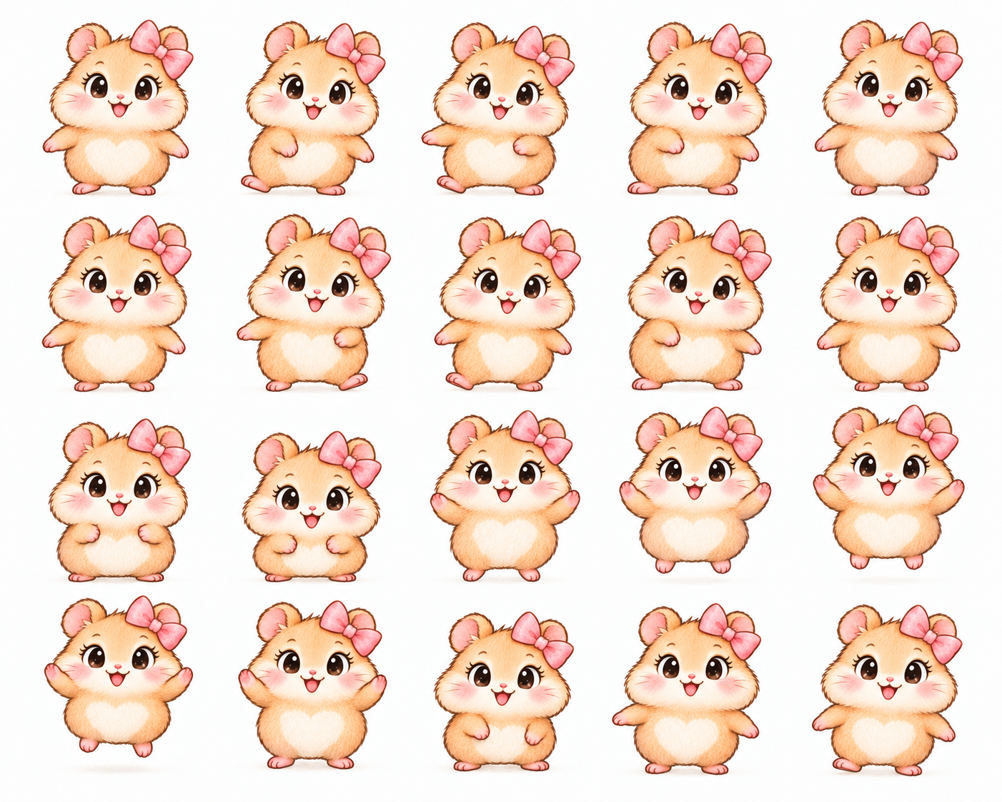 ステップとジャンプを描いた、5列×4行の20コマのハム子