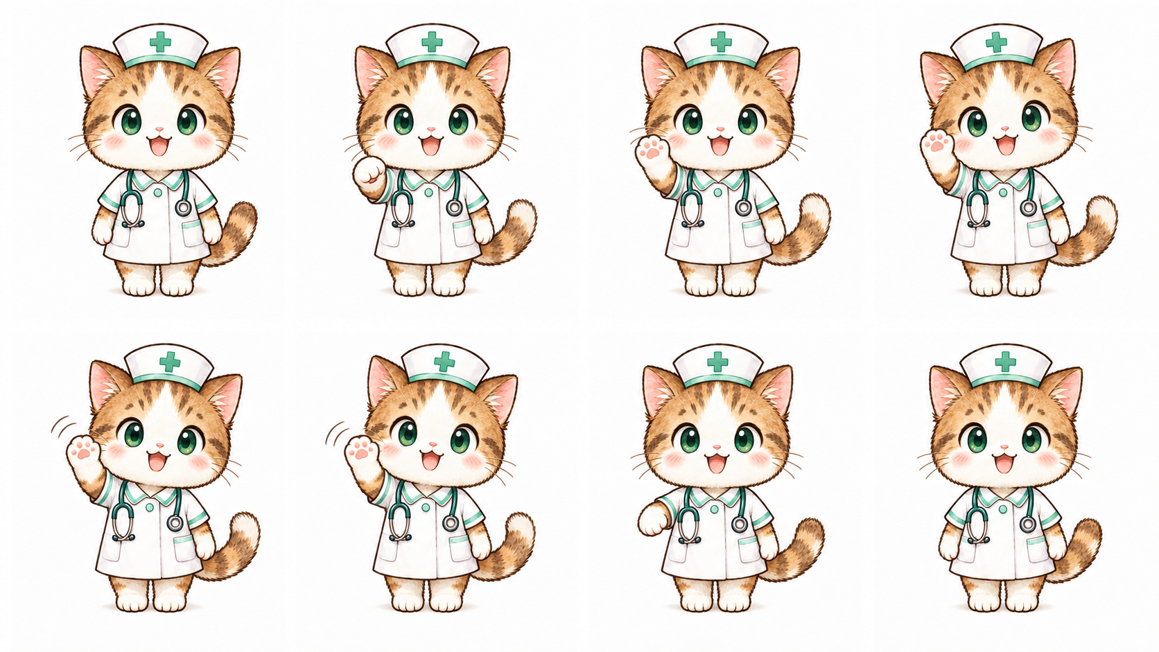 看護師の子猫が手を振る8コマのアニメーション素材