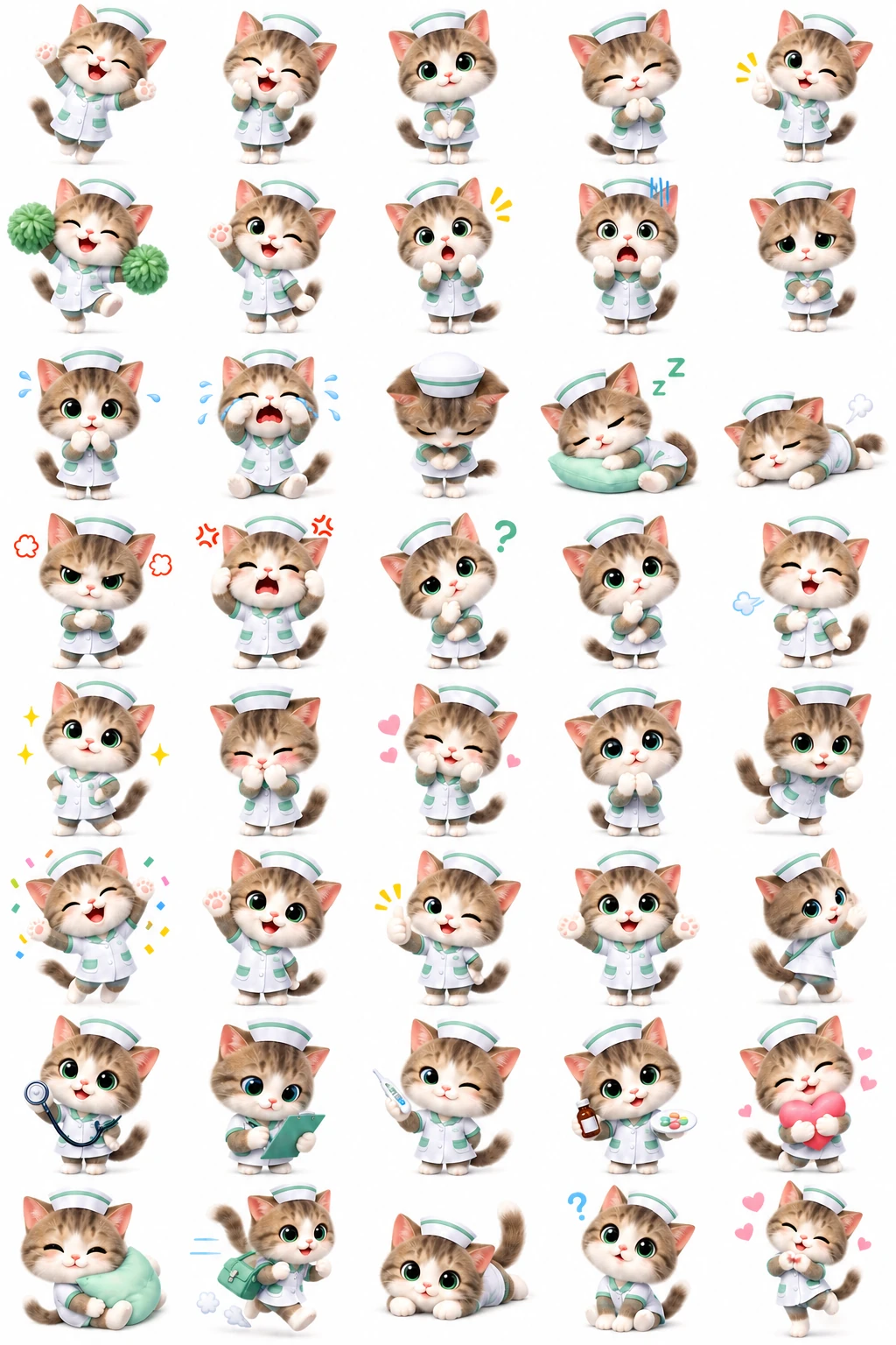 5列8行に40個の看護師の子猫を配置した入力画像シート