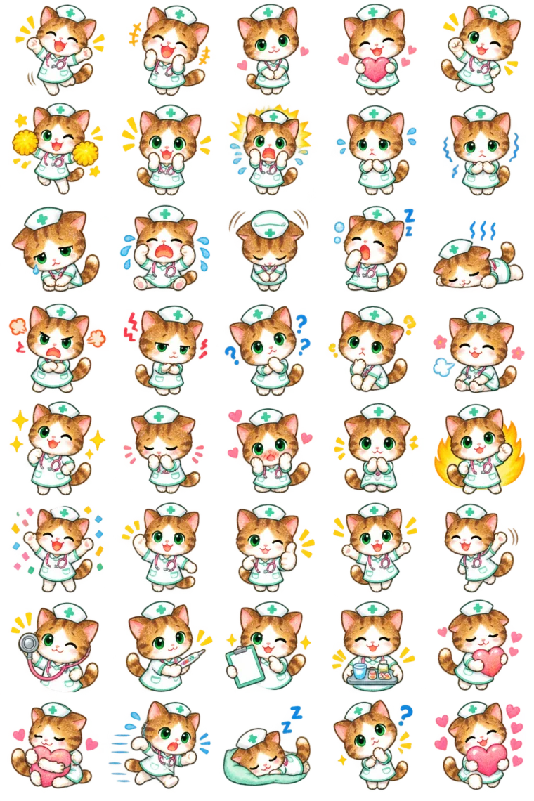 5列8行に配置された40個の猫スタンプシート